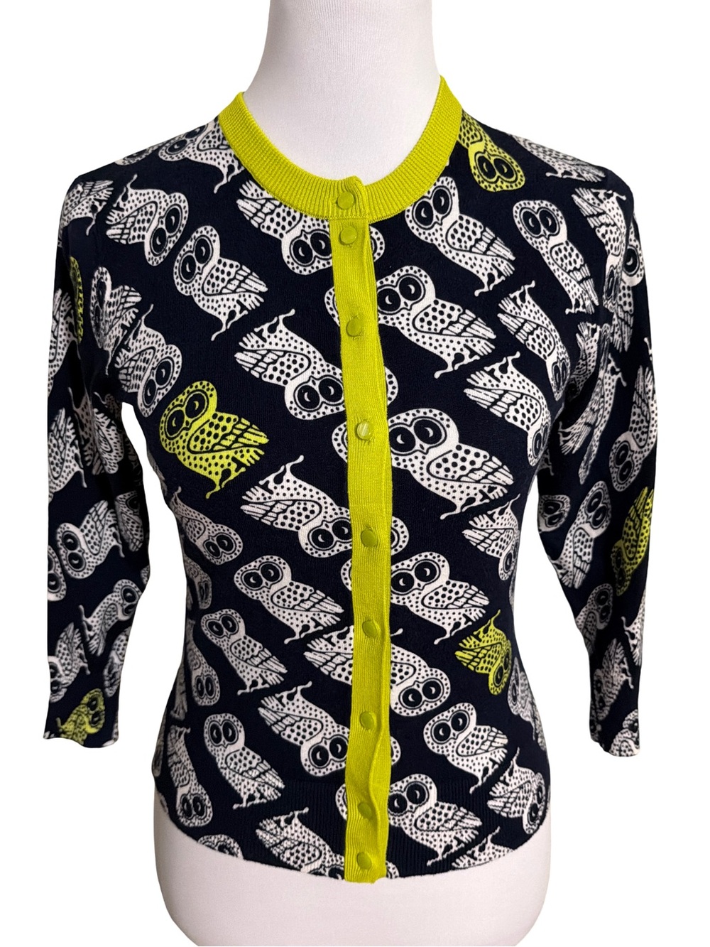 crown & ivy Navy Owl Print Cardigan with Lime Trim